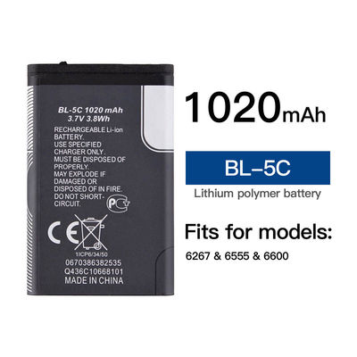 BL-5C Liion mobiele telefoon oplaadbare batterijen voor Nokia 6600 6230 3650 E50 N70 1100 6268 E70 3.7V 1020mAh